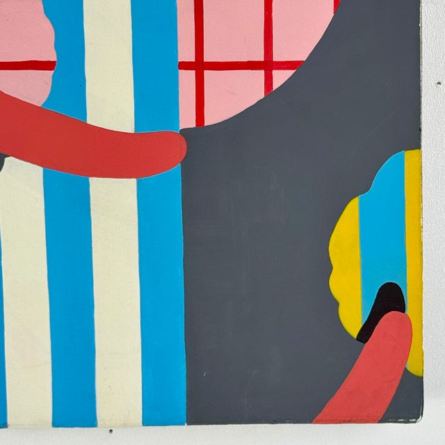 Abstract Vintage Modern Acrylic on Linen Abstract Painting With Bright Blues & Pinks For Sale - Image 3 of 9