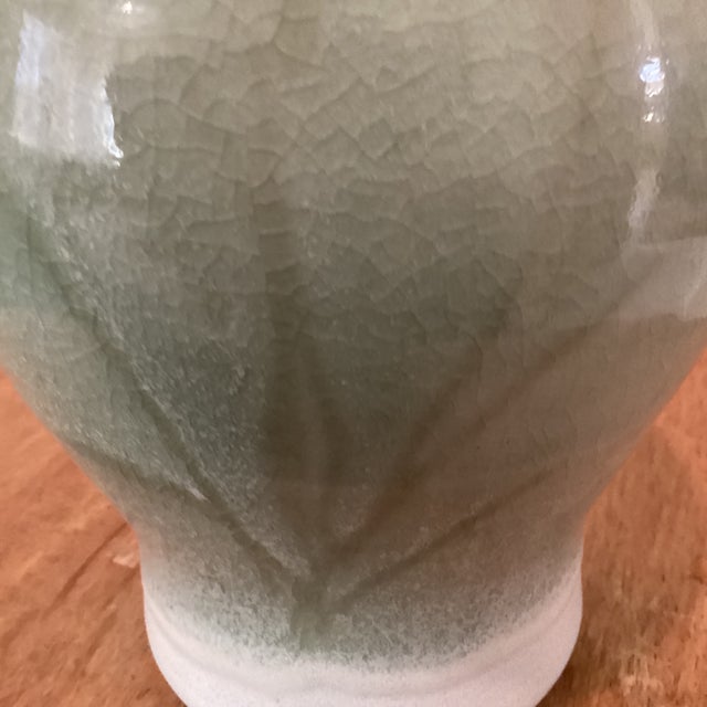 Ceramic Vintage Green Celadon Glazed Bamboo Design Porcelain Vase by Richey Bellinger Circa1982 For Sale - Image 7 of 12