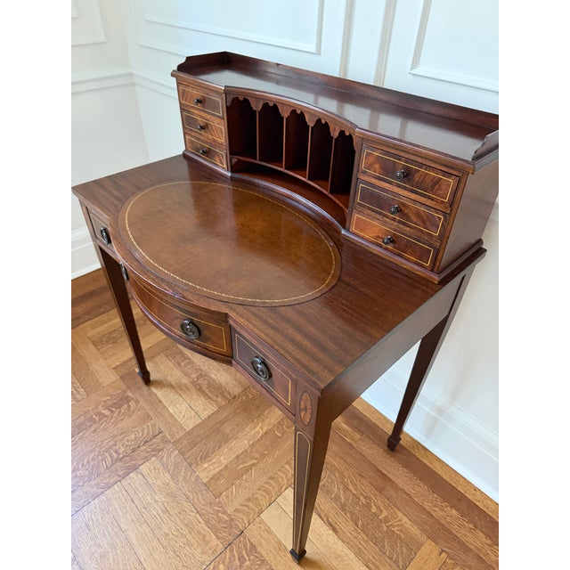 R. J. Horner & Co. Early 20th Century Flint & Horner Mahogany Inlaid Writing Desk For Sale - Image 4 of 17