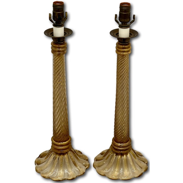 Mid 20th Century Mid Century Hand Made Italian Murano Goldstone Art Glass Table Lamp Bases - a Pair For Sale - Image 9 of 18