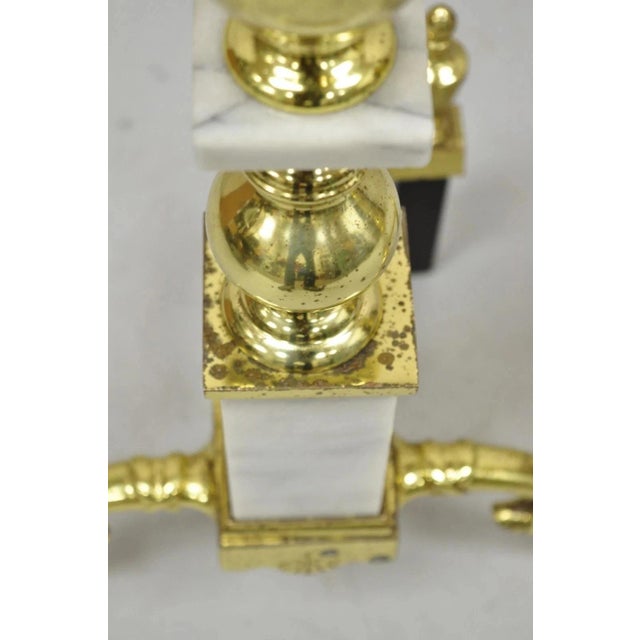 Vintage Brass Urn & Marble Federal Style Branch Leg Fireplace Andirons - A Pair For Sale - Image 4 of 11