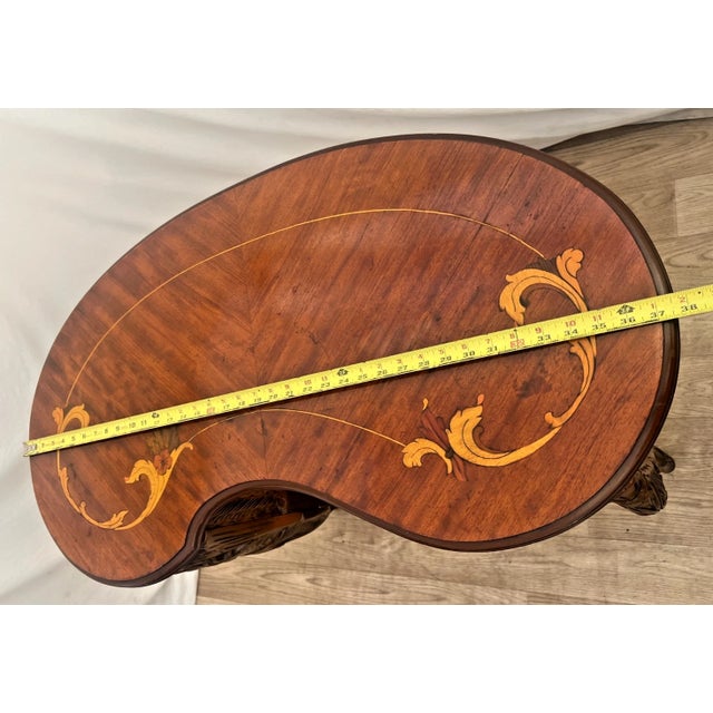 Vintage French Desk Kidney Shaped Vanity Three Carved Drawers Inlays Petite Size For Sale - Image 11 of 13