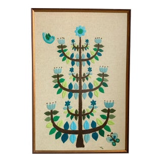 Large Vintage Blue Tulip Tree of Life Crewel Embroidery Bird Butterfly MCM Danish Modern For Sale