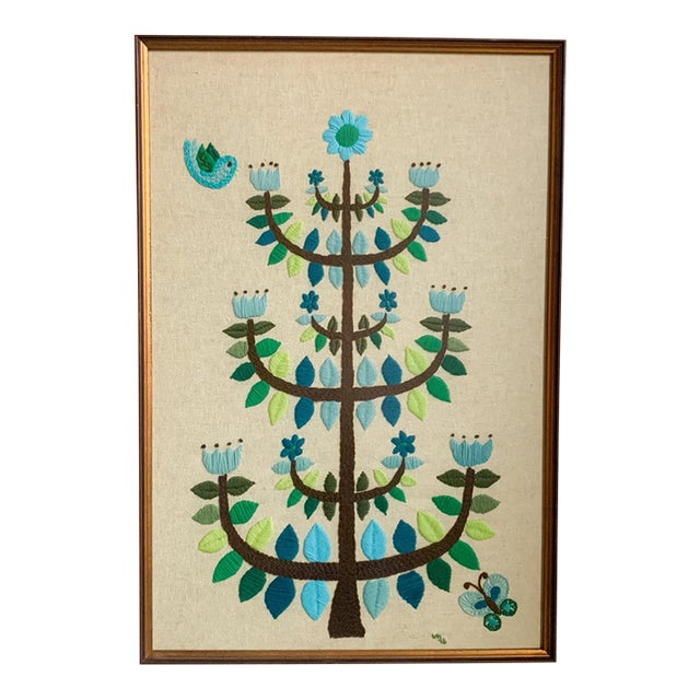 Large Vintage Blue Tulip Tree of Life Crewel Embroidery Bird Butterfly MCM Danish Modern For Sale