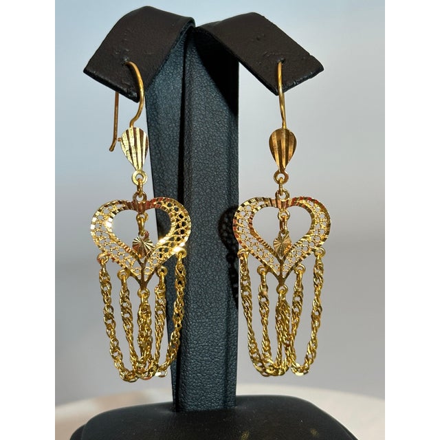 Modern Vintage 21 Kt Yellow Gold 7.5 Gm Heart Dangling Earrings, 2.6 Inch Long For Sale - Image 3 of 8