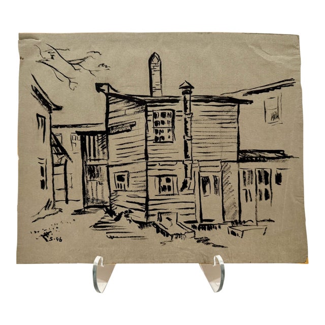 Henry Emil Salloch Original Drawing on Paper Mid-Century Modern Urban Back Alley Ink S Ketch, 1946. For Sale