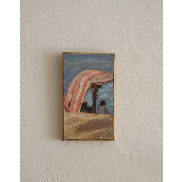 Vintage painting of girl by the seaside with pink striped canopy. Sourced in the south of France.