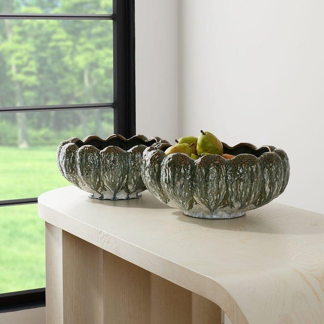 Contemporary Green Ceramic Scalloped Bowl Medium For Sale - Image 3 of 3