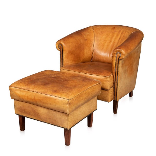 Set of 20th Century Dutch Sheepskin Leather Tub Chair & Footstool For Sale - Image 13 of 13