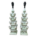Pair of Hand-Painted Porcelain Tulipiere Tower Lamps, Green Chinoiserie Motif, Jingdezhen Origin For Sale