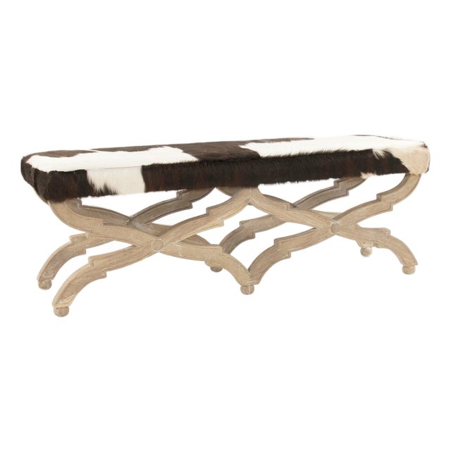 Crescenzo Double Bench - Spotted White and Brown Cowhide / Oak Frame For Sale