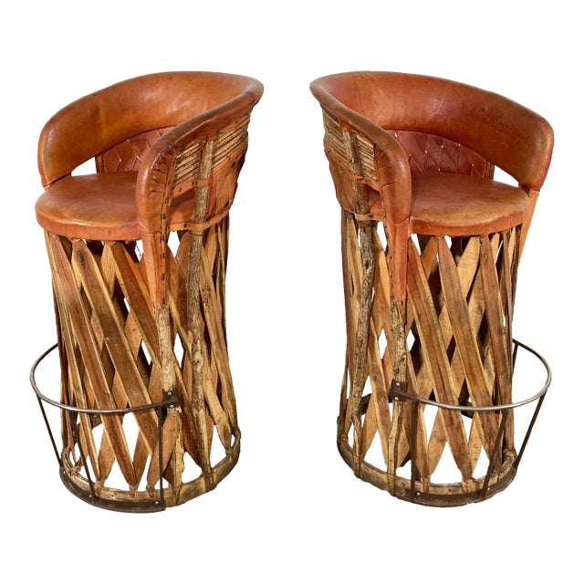 Vintage Mexican Southwest Equipale Leather and Cedar Wood Bar Stools, a Pair For Sale