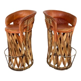 Vintage Mexican Southwest Equipale Leather and Cedar Wood Bar Stools, Pair For Sale