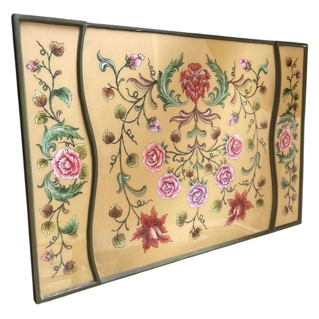2000 - 2009 Vintage Hollywood Regency Style Floral Chinoiserie Glass-Top Serving Tray For Sale - Image 5 of 12