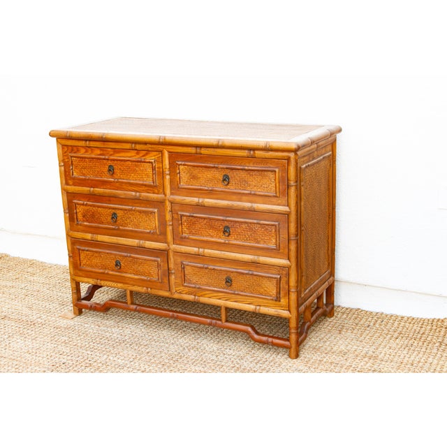 20th Century Faux Bamboo & Cane 6-Drawer Dresser For Sale - Image 4 of 10