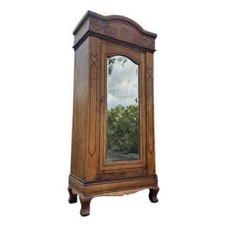 Antique Tramp Art Style Solid Wood Armoire With Mirror | Hand-Carved Wardrobe Cabinet For Sale