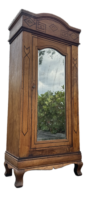 Antique Tramp Art Style Solid Wood Armoire With Mirror | Hand-Carved Wardrobe Cabinet