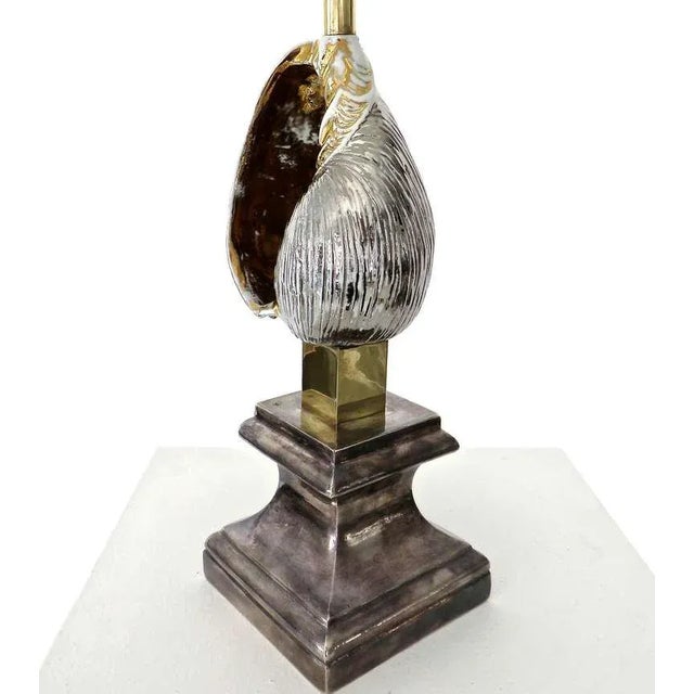 Silver French Table Lamp Silver and Gold Glazed Ceramic Seashell Classical Pediment For Sale - Image 8 of 11