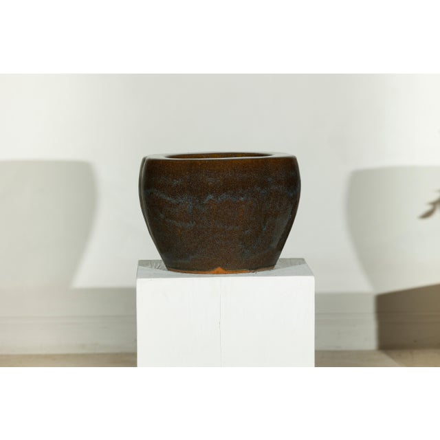 Vintage Chinese Brown and Blue Glazed Handcrafted Ceramic Planter For Sale - Image 10 of 17