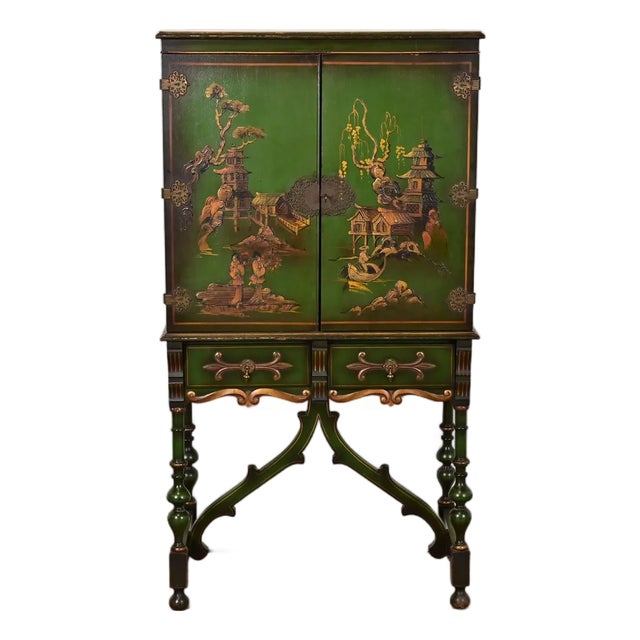 Antique Chinoiserie Jacobean Green Lacquered Hand Painted Bookcase or Bar Cabinet, Circa 1920s For Sale
