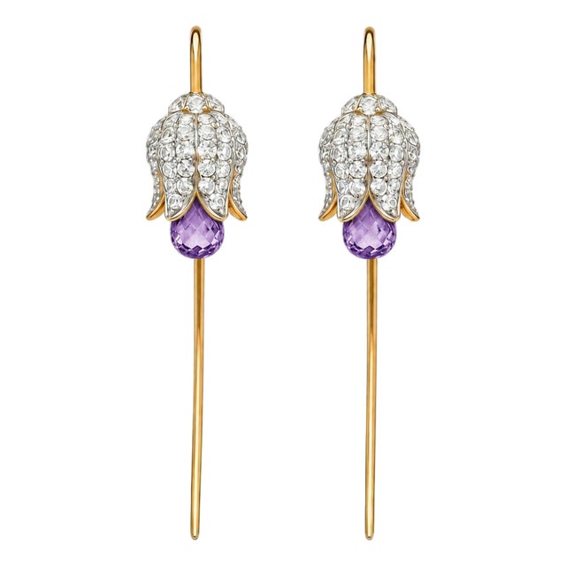 Silver, Gold Lily Flower Earrings With Amethyst Briolettes, Pair For Sale