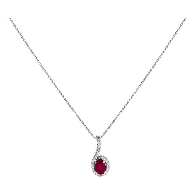 10K White Gold Red Ruby and Diamond Accent Teardrop Pendant Necklace - 18" Inches For Sale