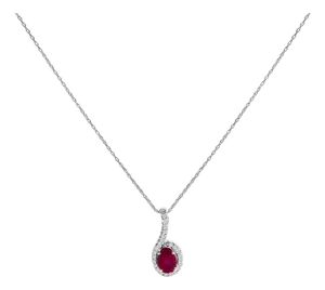 10K White Gold Red Ruby and Diamond Accent Teardrop Pendant Necklace - 18" Inches
