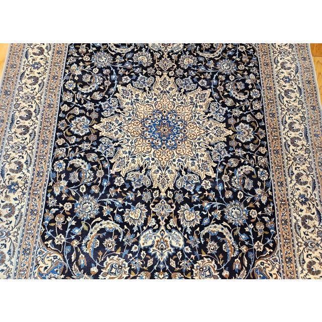 Vintage Nain Area Rug, Hand-Knotted Wool & Silk, Floral Pattern, 7x11, Navy & Ivory For Sale - Image 11 of 17