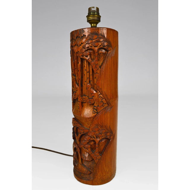 Mid-Century Modern Mid-Century Asian Living Room Table Lamp in Carved Wood, 1940s For Sale - Image 3 of 7