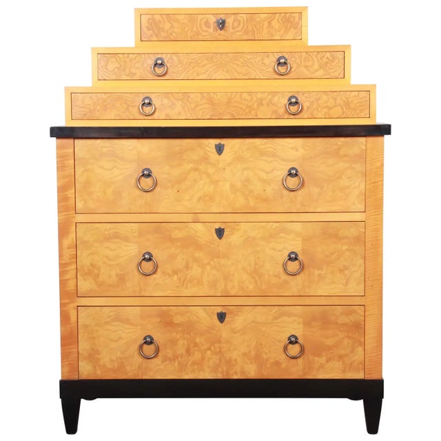 Baker Furniture Company 1980s Biedermeier Style Burl Wood Highboy Chest of Drawers By Baker Furniture For Sale - Image 4 of 8
