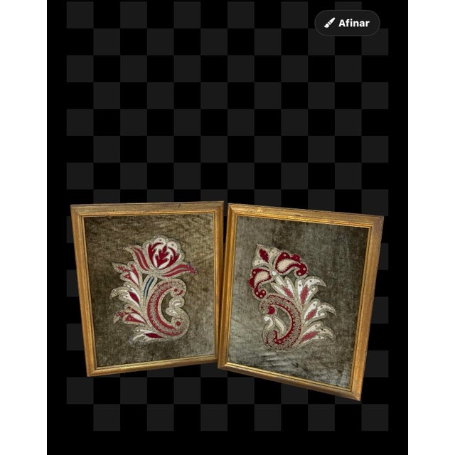 Oxblood Red Antique Italian Framed Embroidered Pieces.- A Pair For Sale - Image 8 of 8