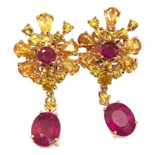 Bochic "Orient" Ruby, Yellow Sapphire Earrings Set 18K Gold & Silver For Sale
