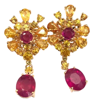 Bochic "Orient" Ruby, Yellow Sapphire Earrings Set 18K Gold & Silver