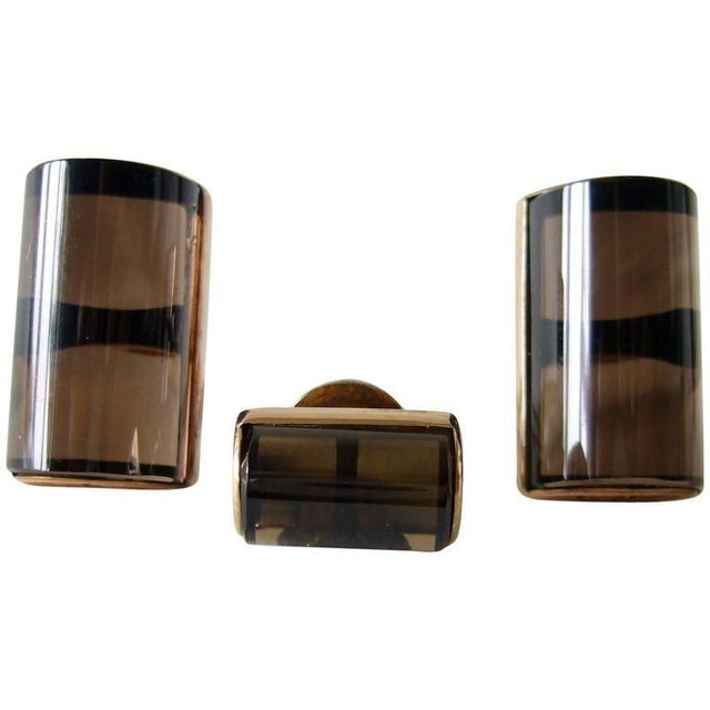 14k Rose Gold And Smokey Quartz Barrel Stone Cufflinks And Tie Tac Set For Sale - Image 4 of 4