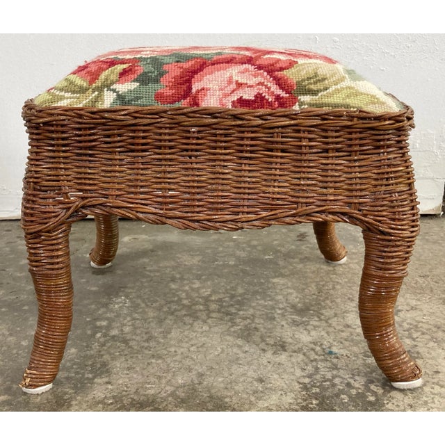 Traditional Vintage Wicker Stool With Floral Needlepoint For Sale - Image 3 of 10