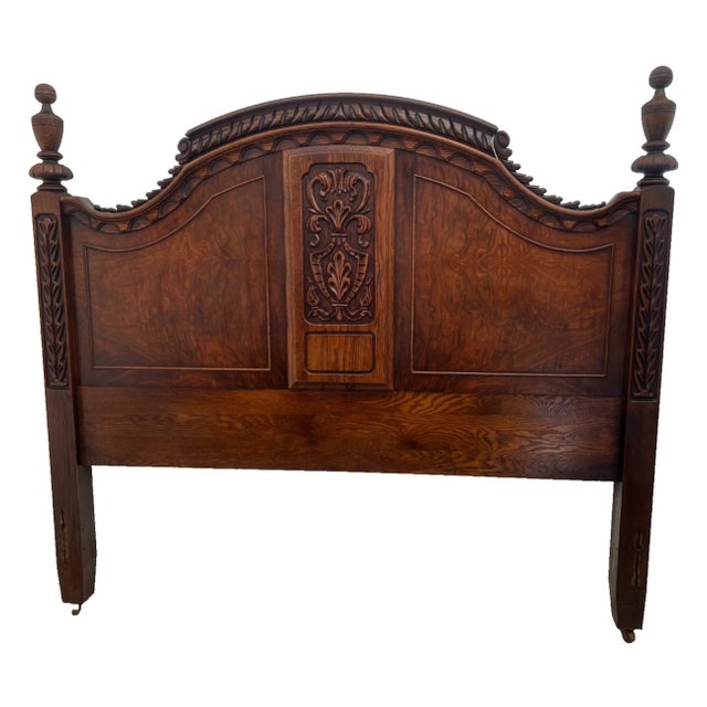 Traditional Gorgeous Antique Renaissance Revival Headboard, Footboard Full Size Carved Oak For Sale - Image 3 of 12