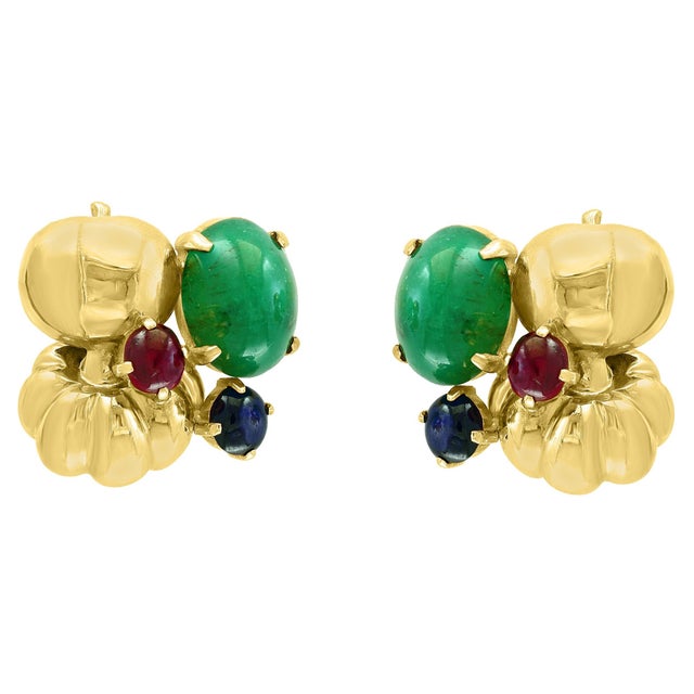 12 Carat Cabochon Emerald Diamond Clip Earrings 14 Karat Yellow Gold, Estate For Sale - Image 15 of 18