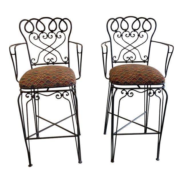 Late 20th Century Ethan Allen Wrought Iron Bar Height Counter Stools - a Pair For Sale