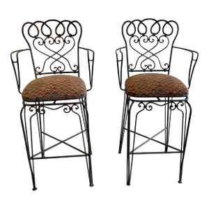 Late 20th Century Ethan Allen Wrought Iron Bar Height Counter Stools - a Pair