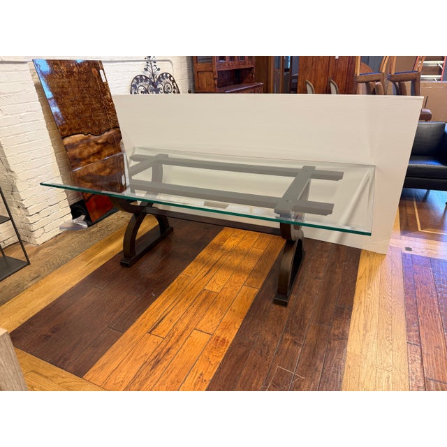 Contemporary Sculptural Trestle Wood + Glass Dining Table For Sale - Image 10 of 12