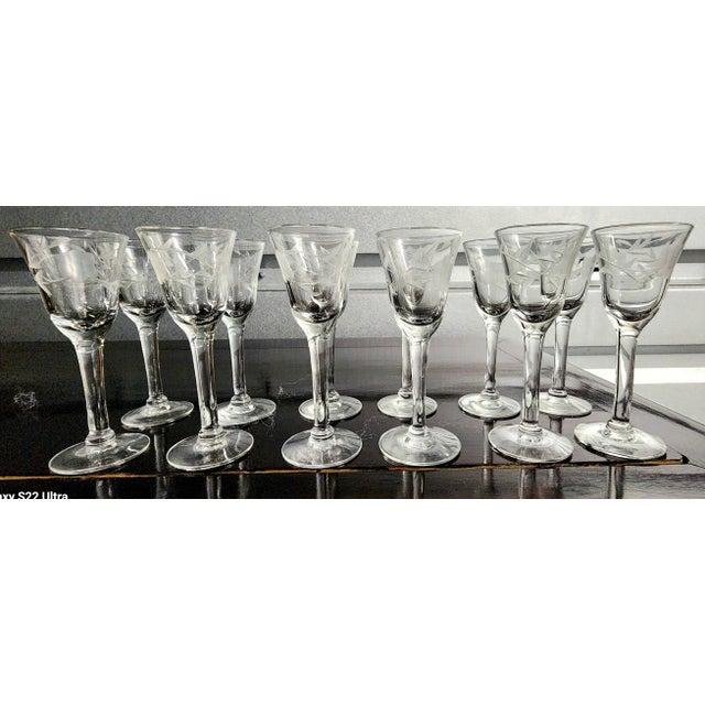 Transparent Vintage Etched Fine Cordial Glasses - Set of 12 For Sale - Image 8 of 13