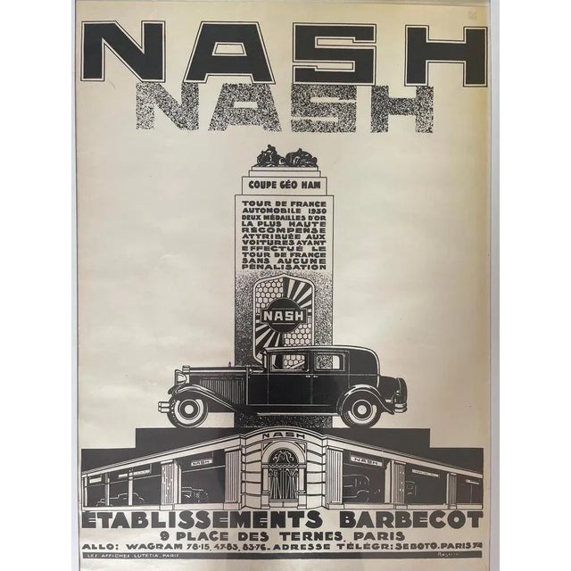 Black Vintage Nash Car Poster by Rogério for Barbecot, Paris, 1930s For Sale - Image 8 of 10