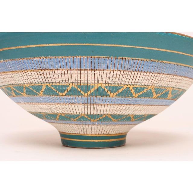 Large Teal and Gilt Ceramic "Seta" Pedestal Bowl by Aldo Londi for Bitossi Italy For Sale - Image 13 of 16