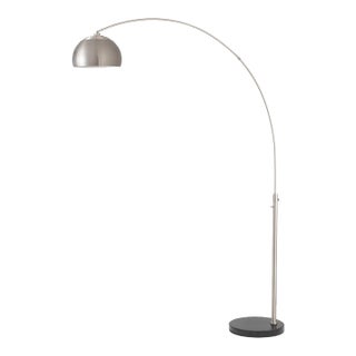 1960s Nova of California Adjustable 92-Inch Tambo Arc Floor Lamp - Modern Satin Nickel, Black Marble Base, Dimmable For Sale
