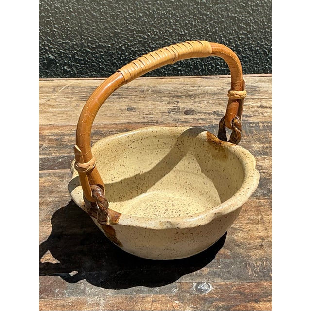 Vintage Rattan Handle Studio Pottery Bowl For Sale - Image 12 of 12