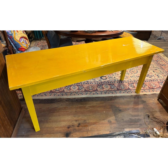 Wood Vintage Large School or Lab Table , or Desk, With Painted Bright Yellow With Blue and Orange Drawers For Sale - Image 7 of 12
