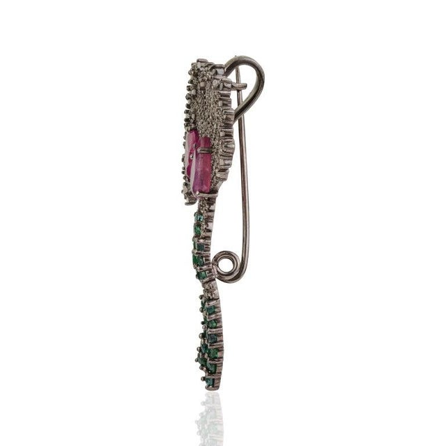 Gemstone Art Deco Inspired Ruby, Emerald & Diamond Oxidised Brooch Pendant in Silver For Sale - Image 7 of 13