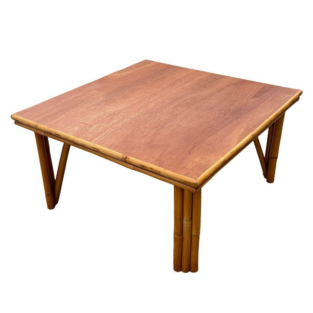 Mid-Century Modern 1950s Restored MCM Rattan Coffee Table With Mahogany Top and Rattan Border For Sale - Image 3 of 8