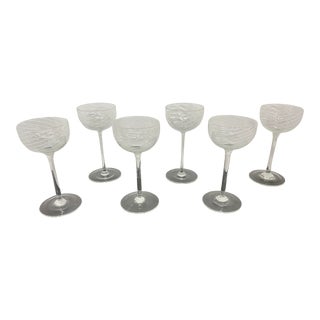 Vintage Hand Blown White Swirl Wine Glasses, Singed by Artist - Set of 6 For Sale