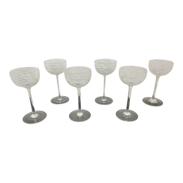 Vintage Hand Blown White Swirl Wine Glasses, Singed by Artist - Set of 6 For Sale